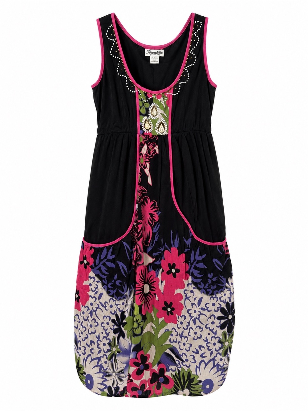 Vintage‎ Black Cotton Summer Dress Sleeveless Boho Dark Floral Dress, Sz M